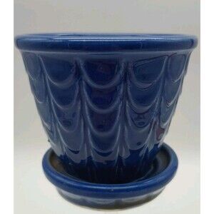 Vtg Shawnee Planter With Saucer Cobalt Blue Fishscale 3.5"